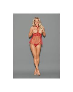 Euphoria Open Top Choker Attached Babydoll w/Open Crotch Panty Red O/S