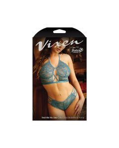 Vixen Teal Me No Lies Criss Cross  Lace Halter Bralette & Panty Teal L/XL