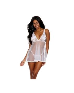 Mesh Babydoll w/Floral Embroidered Cups & G-String White LG
